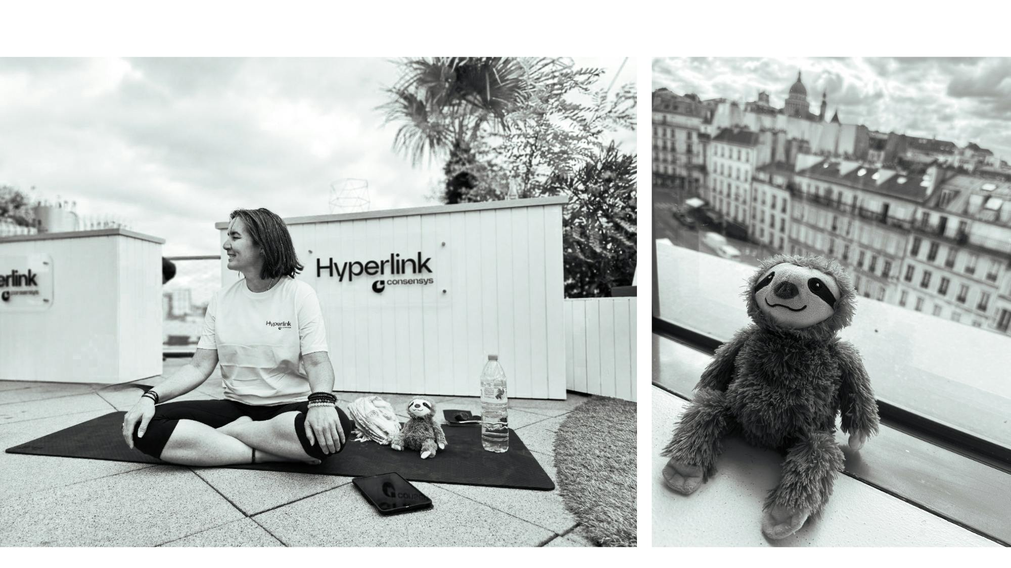 Leading a meditation on the rooftop at Hyperlink. Beyond thrilled that I got to blast Krishna Dass from a Parisian rooftop at a tech conference through a professional PA system for 2 hours. Blissful. And Sammie the Sloth held down the fort. I'm normalizing adult stuffies and so far this summer, he's attended the ReFi Summit in Seattle and ETHCC in Paris. Not too shabby for a sloth.