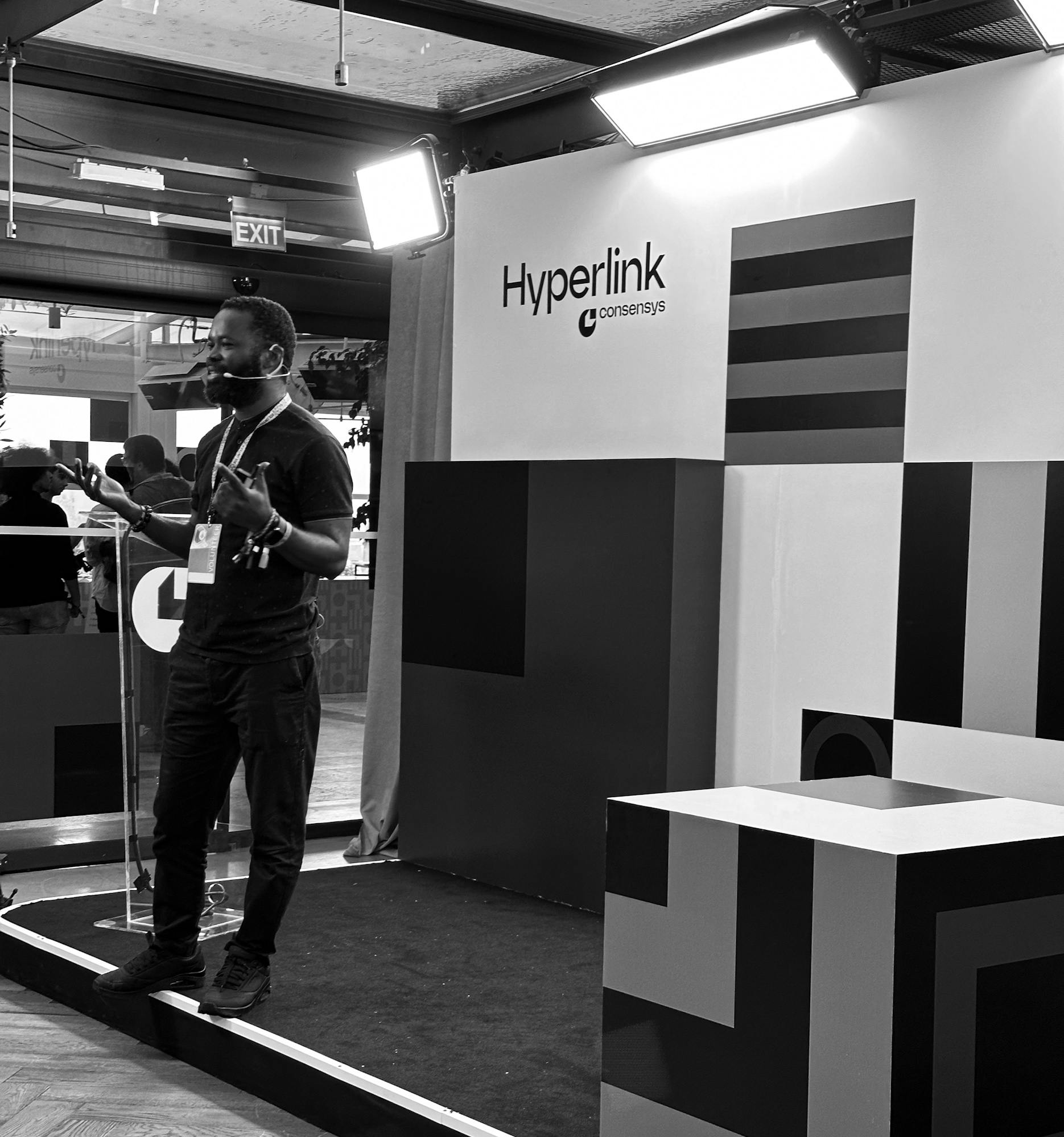 Eric Annan, Founder of AyaHQ and Consensys Vanguard Ambassador gives a talk at our Hyperlink activation and shares his passion for supporting communities throughout Africa. 
